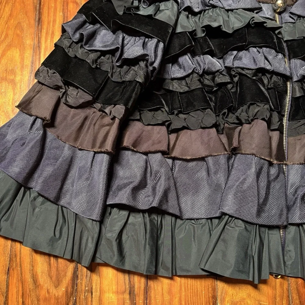 Moschino Blue Black Tiered Ruffle Velvet Zip Front Jacket Rare Sz 10